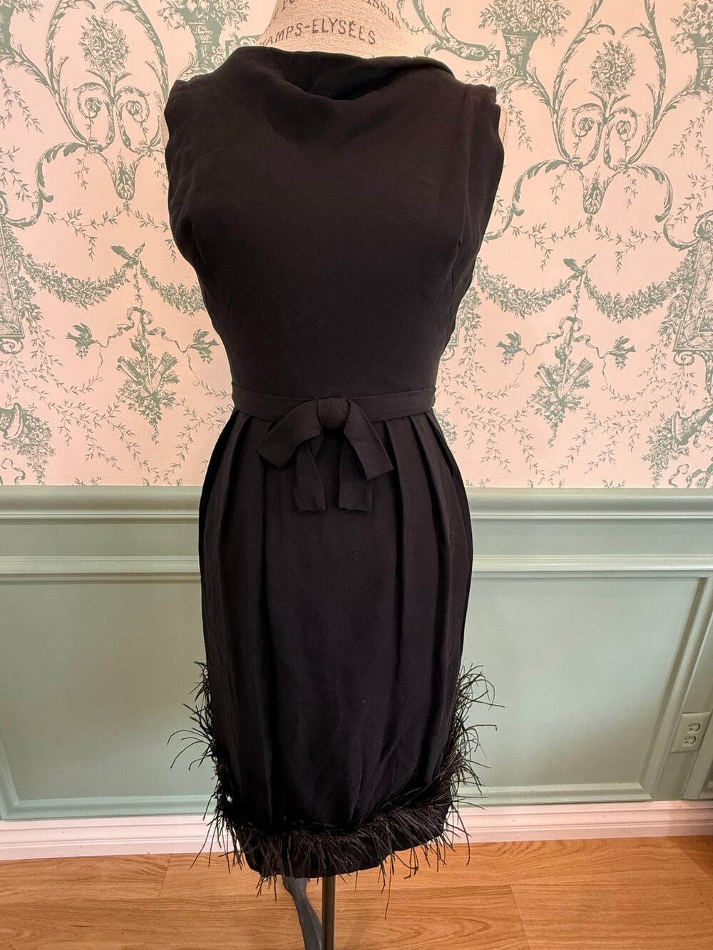 Vintage 1960s Nathan Strong by August Black Feather Hem Cocktail Dress - Size 10